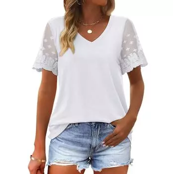 Женская мода с v-образным вырезом, кружевная повседневная футболка с коротким рукавом и принтом, верхние футболки L белый