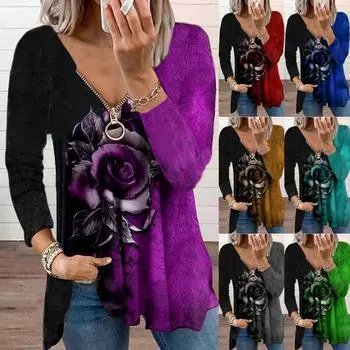 Женская мода с v-образным вырезом на молнии и розовым цветочным принтом, с длинными рукавами, повседневная свободная рубашка, топ 2XL озеро синий