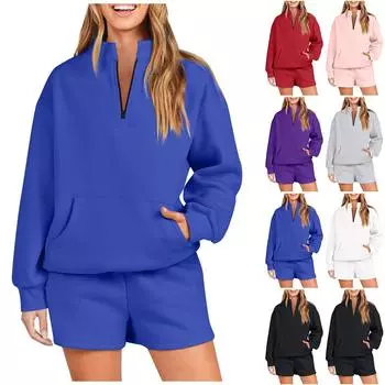 Женская мода с v-образным вырезом на молнии с длинным рукавом сплошной цвет толстовка шорты повседневный спортивный комплект XXL белый