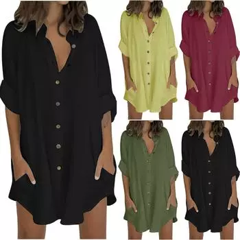 Женская мода с v-образным вырезом, однотонные повседневные однобортные платья-рубашки L