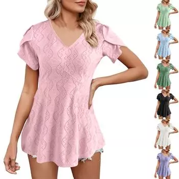 Женская мода с v-образным вырезом, однотонный темпераментный элегантный топ с короткими рукавами L чёрный