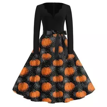 Женская мода с v-образным вырезом, повседневные тонкие платья с длинными рукавами и принтом на Хэллоуин XXXXL