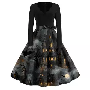 Женская мода с v-образным вырезом, повседневные тонкие платья с длинными рукавами и принтом на Хэллоуин XXXXXL чёрный