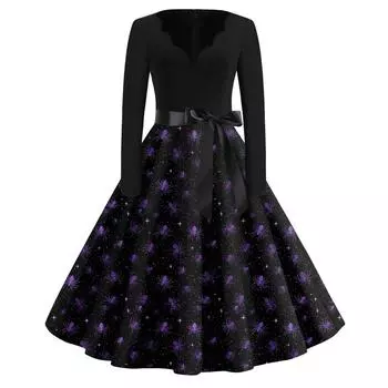 Женская мода с v-образным вырезом, повседневные тонкие платья с длинными рукавами и принтом на Хэллоуин XXL фиолетовый