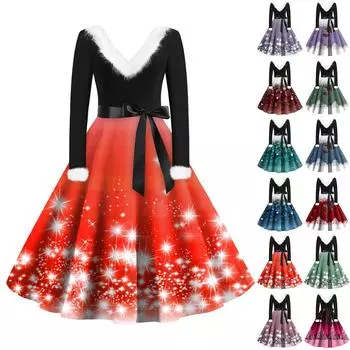 Женская мода с v-образным вырезом, повседневные тонкие рождественские шерстяные платья с длинным рукавом с принтом XXXXXL