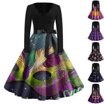 Женская мода с v-образным вырезом, повседневные тонкие платья Mardi Gra с длинными рукавами и принтом L