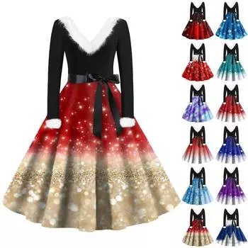 Женская мода с v-образным вырезом, повседневные тонкие рождественские шерстяные платья с длинным рукавом с принтом S синий