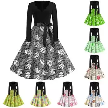 Женская мода с v-образным вырезом, повседневные тонкие пасхальные платья с длинным рукавом и принтом L синий