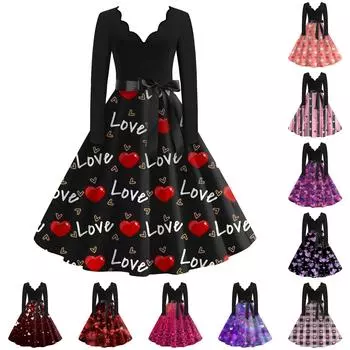 Женская мода с v-образным вырезом, повседневные тонкие платья с длинным рукавом и принтом ко Дню святого Валентина L чёрный