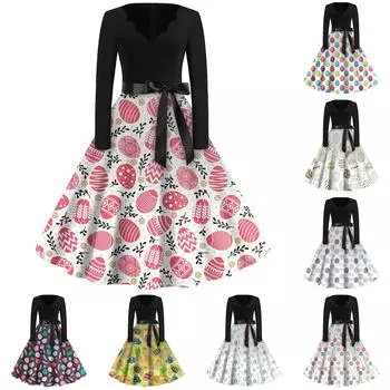 Женская мода с v-образным вырезом, повседневные тонкие пасхальные платья с длинным рукавом и принтом L