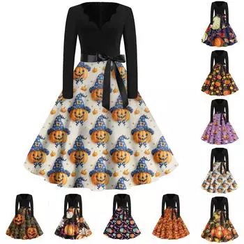 Женская мода с v-образным вырезом, повседневные тонкие платья с длинными рукавами и принтом на Хэллоуин M