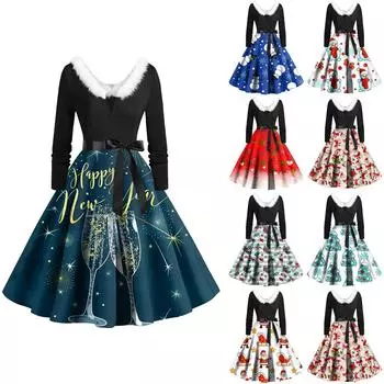Женская мода с v-образным вырезом, повседневные тонкие рождественские платья с воротником из волос и длинными рукавами с принтом XXL
