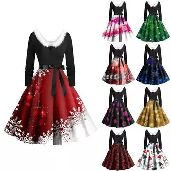 Женская мода с v-образным вырезом, повседневные тонкие рождественские платья с воротником из волос и длинными рукавами с принтом XXL