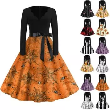 Женская мода с v-образным вырезом, повседневные тонкие платья с длинными рукавами и принтом на Хэллоуин XL