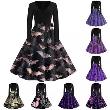 Женская мода с v-образным вырезом, повседневные тонкие платья с длинными рукавами и принтом на Хэллоуин XXXL