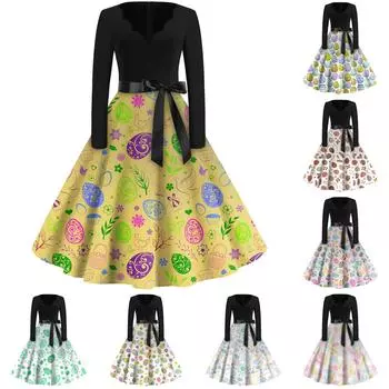 Женская мода с v-образным вырезом, повседневные тонкие пасхальные платья с длинным рукавом и принтом L