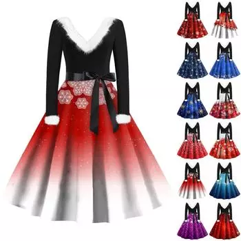 Женская мода с v-образным вырезом, повседневные тонкие рождественские шерстяные платья с длинным рукавом с принтом L