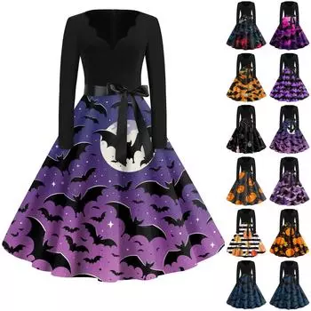 Женская мода с v-образным вырезом, повседневные тонкие платья с длинными рукавами и принтом на Хэллоуин M оранжевый