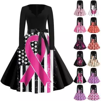 Женская мода с v-образным вырезом, повседневные тонкие винтажные платья с длинным рукавом и принтом XL