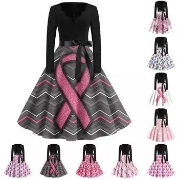 Женская мода с v-образным вырезом, повседневные тонкие винтажные платья с длинным рукавом и принтом S