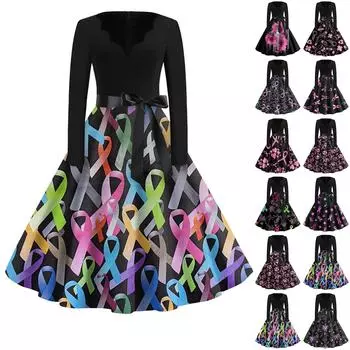 Женская мода с v-образным вырезом, повседневные тонкие винтажные платья с длинным рукавом и принтом XXXL