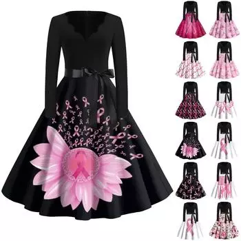 Женская мода с v-образным вырезом, повседневные тонкие винтажные платья с длинным рукавом и принтом M розовый