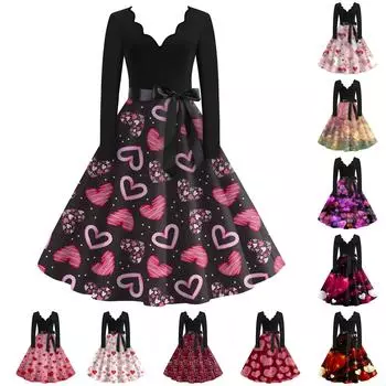 Женская мода с v-образным вырезом, повседневные тонкие платья с длинным рукавом и принтом ко Дню святого Валентина L