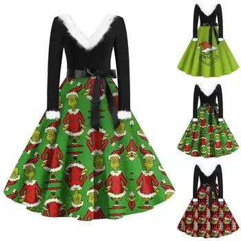 Женская мода с v-образным вырезом, повседневные тонкие рождественские шерстяные платья с длинным рукавом с принтом XXXXL