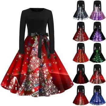 Женская мода с v-образным вырезом, повседневные тонкие рождественские платья с воротником из волос и длинными рукавами с принтом L чёрный