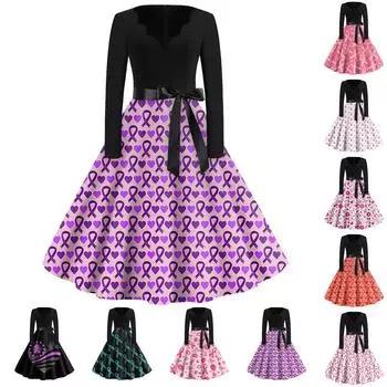 Женская мода с v-образным вырезом, повседневные тонкие винтажные платья с длинным рукавом и принтом XXXL розовый