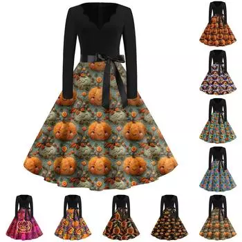 Женская мода с v-образным вырезом, повседневные тонкие платья с длинными рукавами и принтом на Хэллоуин XXXXXL