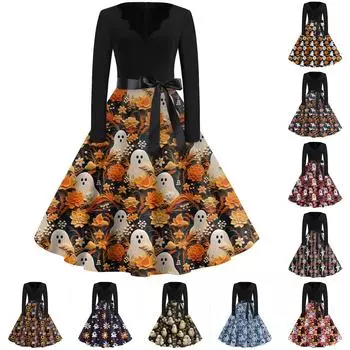 Женская мода с v-образным вырезом, повседневные тонкие платья с длинными рукавами и принтом на Хэллоуин XXXL синий