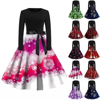 Женская мода с v-образным вырезом, повседневные тонкие рождественские платья с воротником из волос и длинными рукавами с принтом L