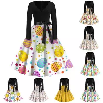 Женская мода с v-образным вырезом, повседневные тонкие пасхальные платья с длинным рукавом и принтом L бежевый