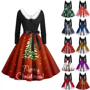 Женская мода с v-образным вырезом, повседневные тонкие рождественские платья с воротником из волос и длинными рукавами с принтом XXXL