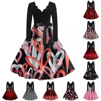 Женская мода с v-образным вырезом, повседневные тонкие платья с длинным рукавом и принтом ко Дню святого Валентина L чёрный