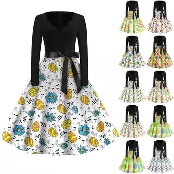 Женская мода с v-образным вырезом, повседневные тонкие пасхальные платья с длинным рукавом и принтом L имбирный