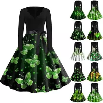 Женская мода с v-образным вырезом, повседневные тонкие платья с длинным рукавом и принтом ко Дню Святого Патрика L чёрный
