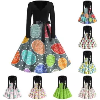 Женская мода с v-образным вырезом, повседневные тонкие пасхальные платья с длинным рукавом и принтом L синий