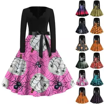 Женская мода с v-образным вырезом, повседневные тонкие платья с длинными рукавами и принтом на Хэллоуин XXXXL
