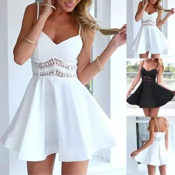 Женская мода с v-образным вырезом, сексуальная однотонная юбка с открытой спиной и полым платьем без рукавов S чёрный