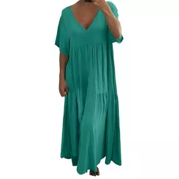 Женская мода с v-образным вырезом, сплошной цвет, свободные длинные большие распашные платья с коротким рукавом XL