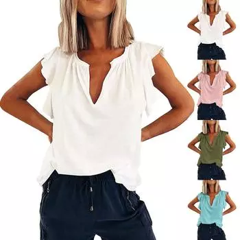 Женская мода с v-образным вырезом, свободные удобные однотонные топы, футболка с коротким рукавом L