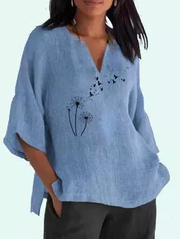 Женская мода с V-образным вырезом Топ с принтом 3/4 с длинным рукавом из хлопка и льна Блузки Женская повседневная свободная рубашка S синий