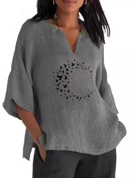 Женская мода с V-образным вырезом Топ с принтом 3/4 с длинным рукавом из хлопка и льна Блузки Женская повседневная свободная рубашка S синий