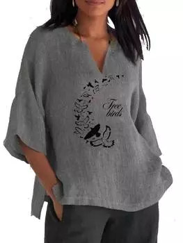 Женская мода с V-образным вырезом Топ с принтом 3/4 с длинным рукавом из хлопка и льна Блузки Женская повседневная свободная рубашка S синий