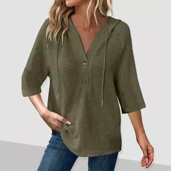 Женская мода, семь рукавов, капюшон, пуговицы, V-образный вырез, повседневный свитшот с капюшоном, топ S