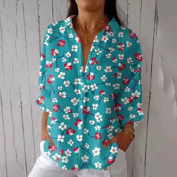 Женская мода Семь рукавов Повседневная рубашка с лацканами и завязками сзади Футболка с принтом Топ L циан