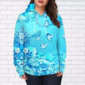 Женская мода серебристый кристалл бабочка принт свободные толстовки топы блузка свитшот повседневный длинный рукав пуловер топы XS фиолетовый