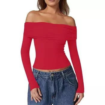 Женская Мода Сексуальная Блузка с Открытым Плечом Desire с Длинным Рукавом из Молочного Шелка XS